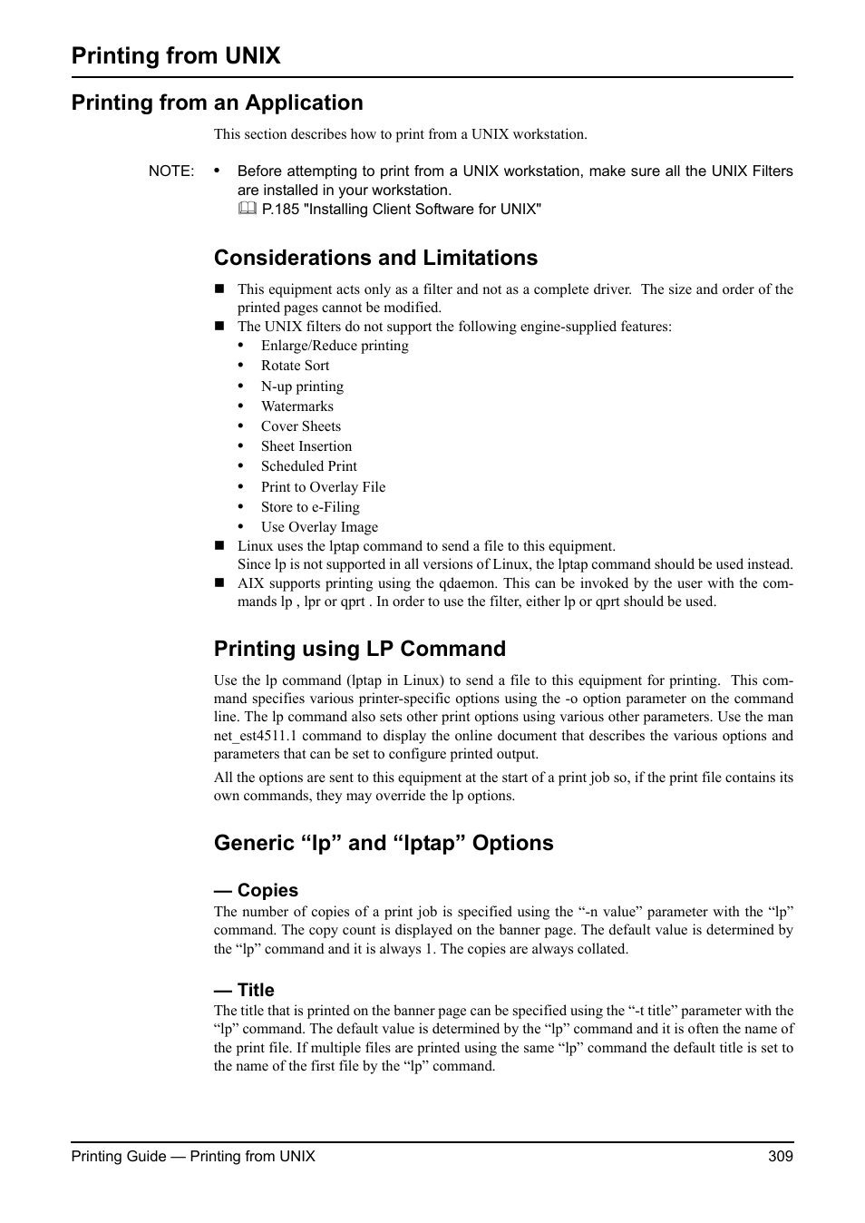 Printing from unix, Printing from an application, Considerations and limitations | Printing using lp command, Generic “lp” and “lptap” options, Copies, Title, Copies title | Toshiba ESTUDIO 3511 User Manual | Page 309 / 382