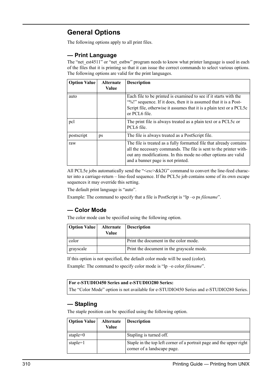 General options, Print language, Color mode | Stapling, Print language color mode stapling | Toshiba ESTUDIO 3511 User Manual | Page 310 / 382