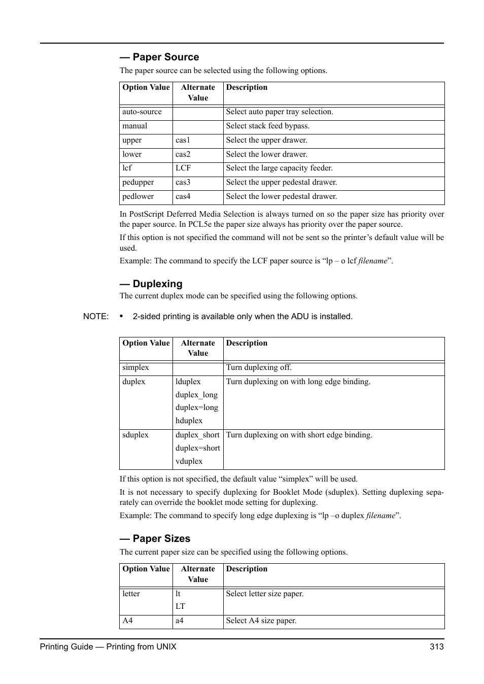 Paper source, Duplexing, Paper sizes | Paper source duplexing paper sizes | Toshiba ESTUDIO 3511 User Manual | Page 313 / 382