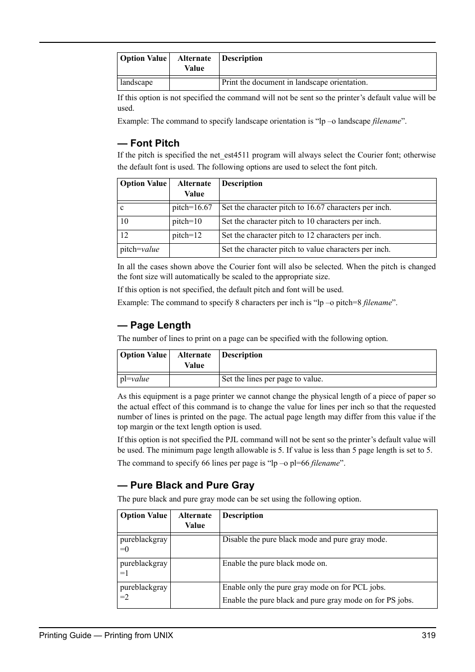 Font pitch, Pure black and pure gray, Page length | Toshiba ESTUDIO 3511 User Manual | Page 319 / 382
