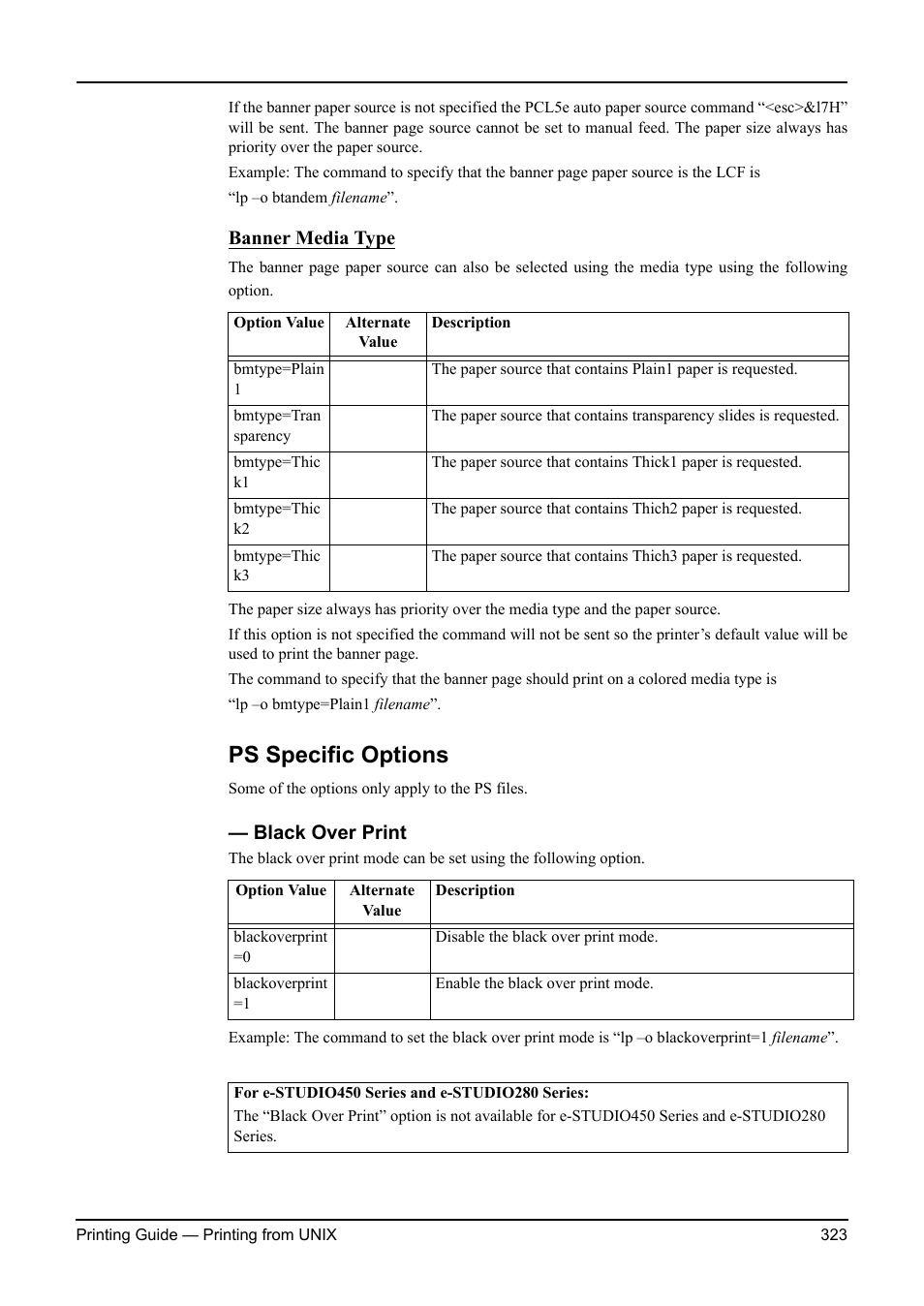Ps specific options, Black over print, Banner media type | Toshiba ESTUDIO 3511 User Manual | Page 323 / 382