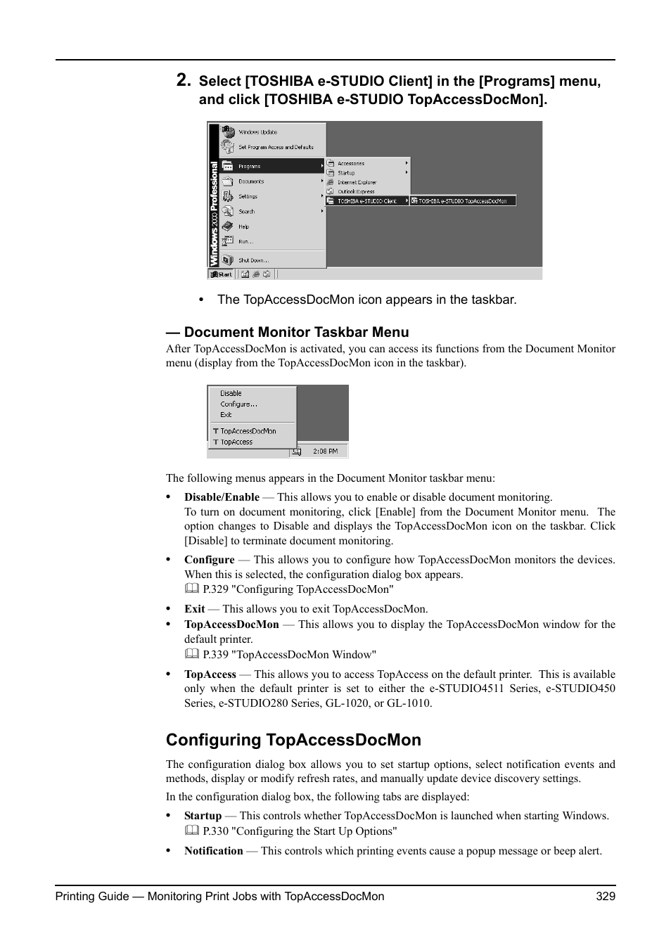 Document monitor taskbar menu, Configuring topaccessdocmon | Toshiba ESTUDIO 3511 User Manual | Page 329 / 382