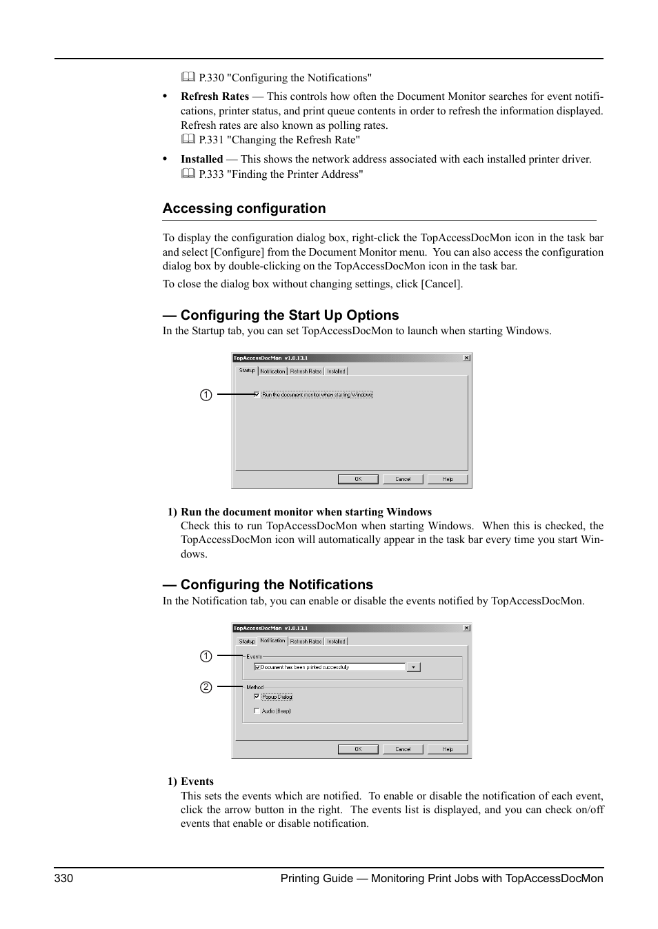 Configuring the start up options, Configuring the notifications, P.330 "configuring the start up options | Accessing configuration | Toshiba ESTUDIO 3511 User Manual | Page 330 / 382