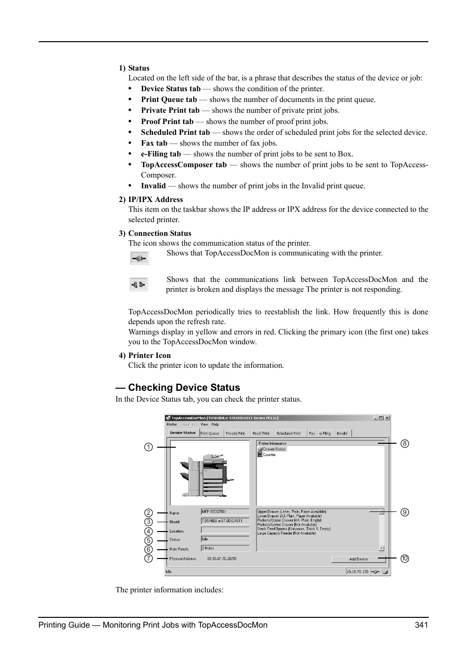 Checking device status | Toshiba ESTUDIO 3511 User Manual | Page 341 / 382