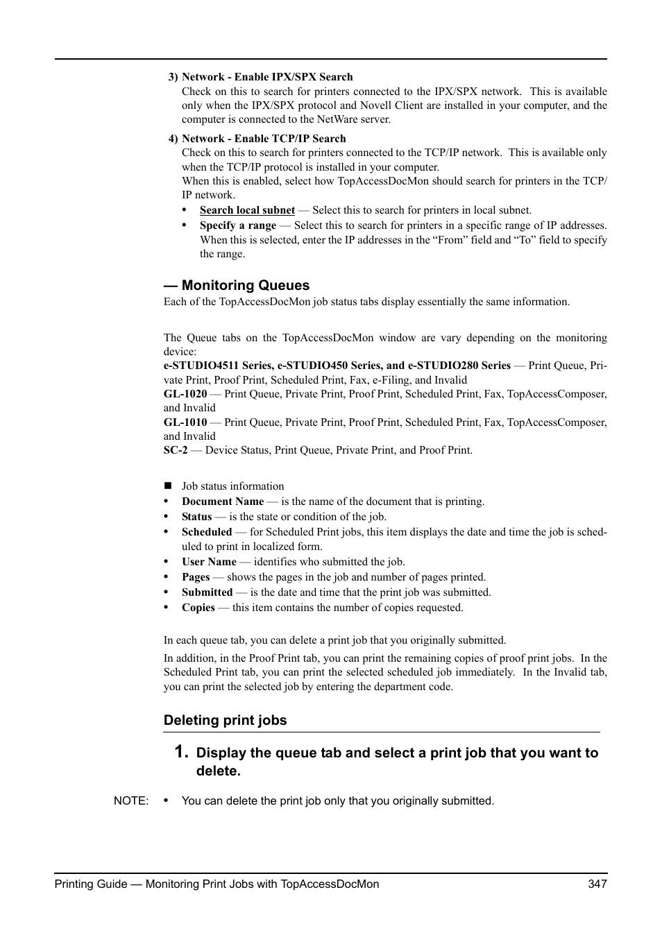 Monitoring queues, P.347 "monitoring queues | Toshiba ESTUDIO 3511 User Manual | Page 347 / 382