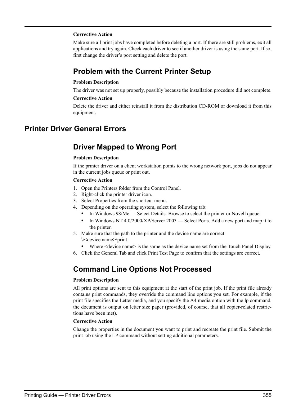 Problem with the current printer setup, Printer driver general errors, Driver mapped to wrong port | Command line options not processed, P.355 "driver mapped to, Wrong port | Toshiba ESTUDIO 3511 User Manual | Page 355 / 382