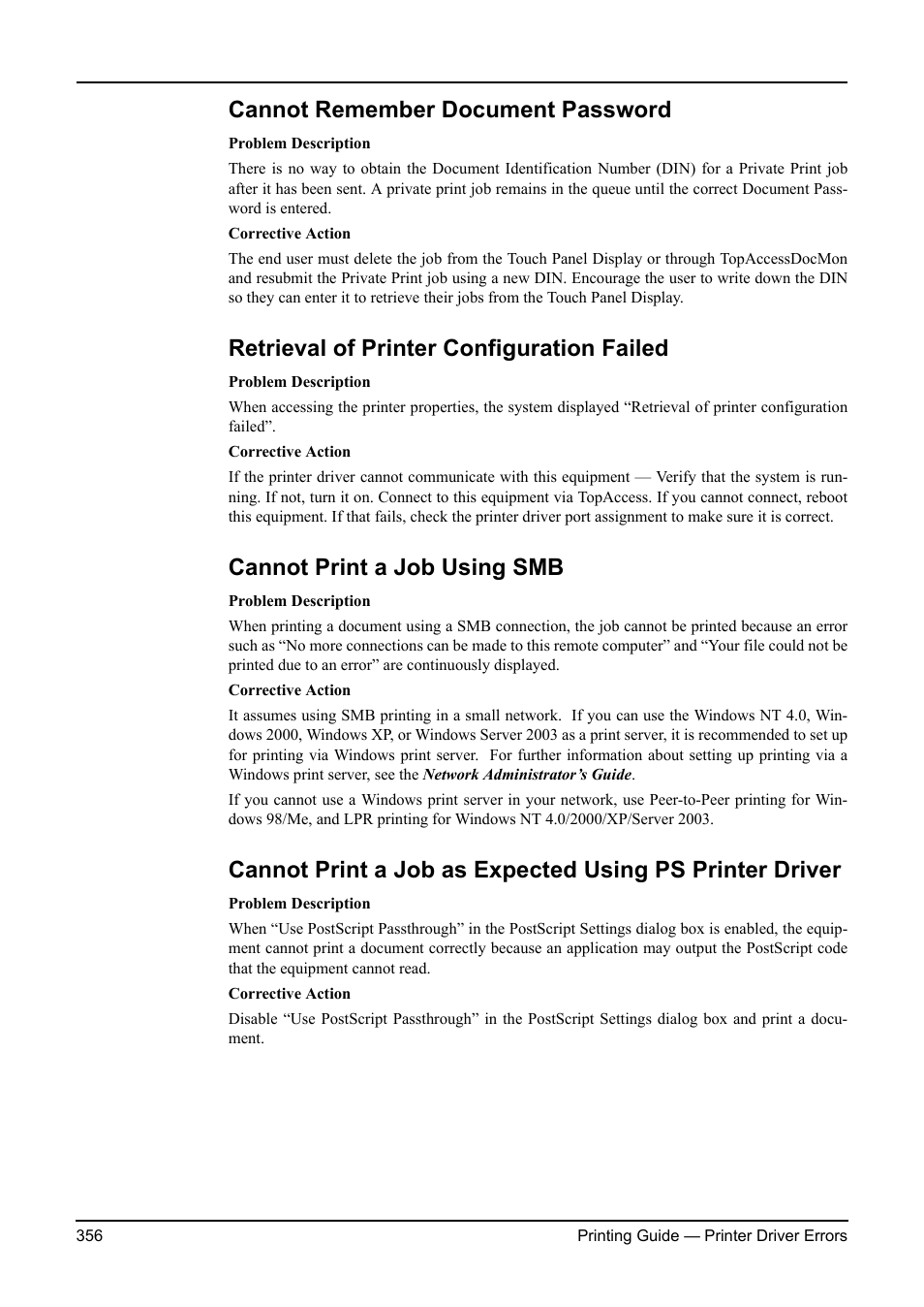 Cannot remember document password, Retrieval of printer configuration failed, Cannot print a job using smb | P.356 "cannot print a job, Using smb | Toshiba ESTUDIO 3511 User Manual | Page 356 / 382