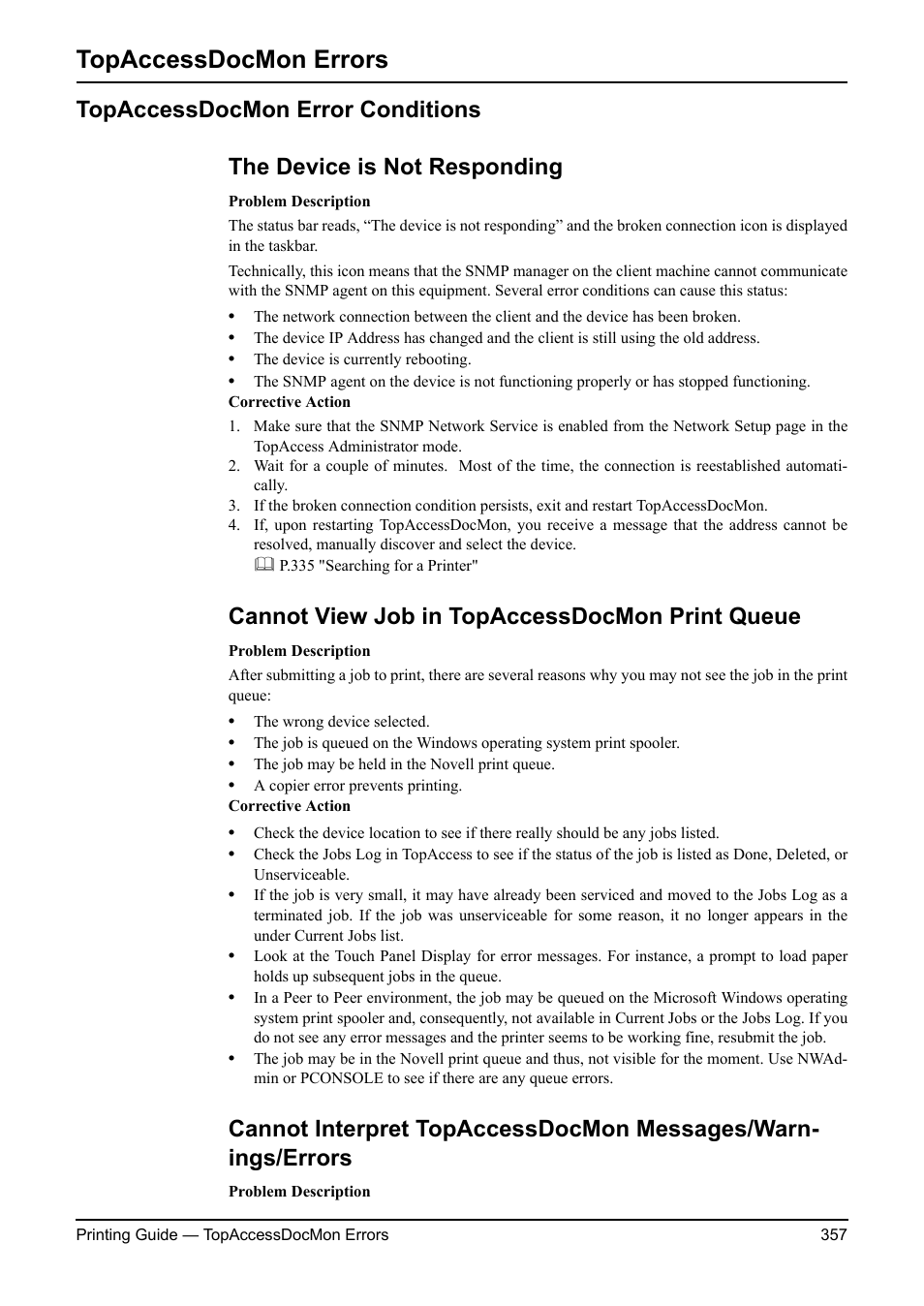 Topaccessdocmon errors, Topaccessdocmon error conditions, The device is not responding | Cannot view job in topaccessdocmon print queue, P.357 "the device is not, Responding, P.357 "cannot interpret, Topaccessdocmon messages/ warnings/errors | Toshiba ESTUDIO 3511 User Manual | Page 357 / 382