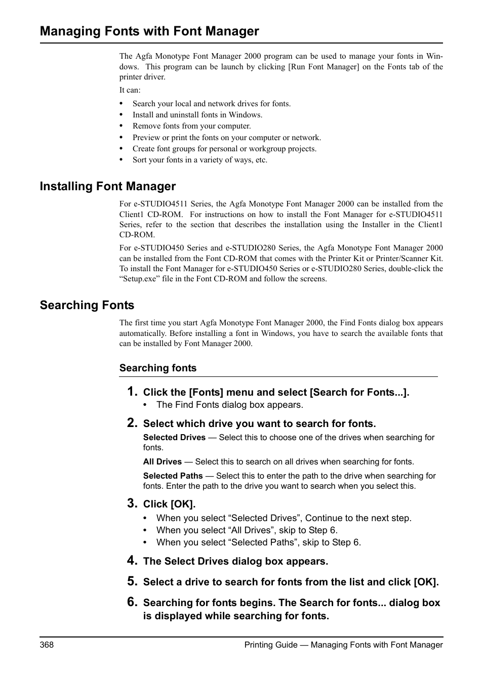 Managing fonts with font manager, Installing font manager, Searching fonts | Installing font manager searching fonts | Toshiba ESTUDIO 3511 User Manual | Page 368 / 382