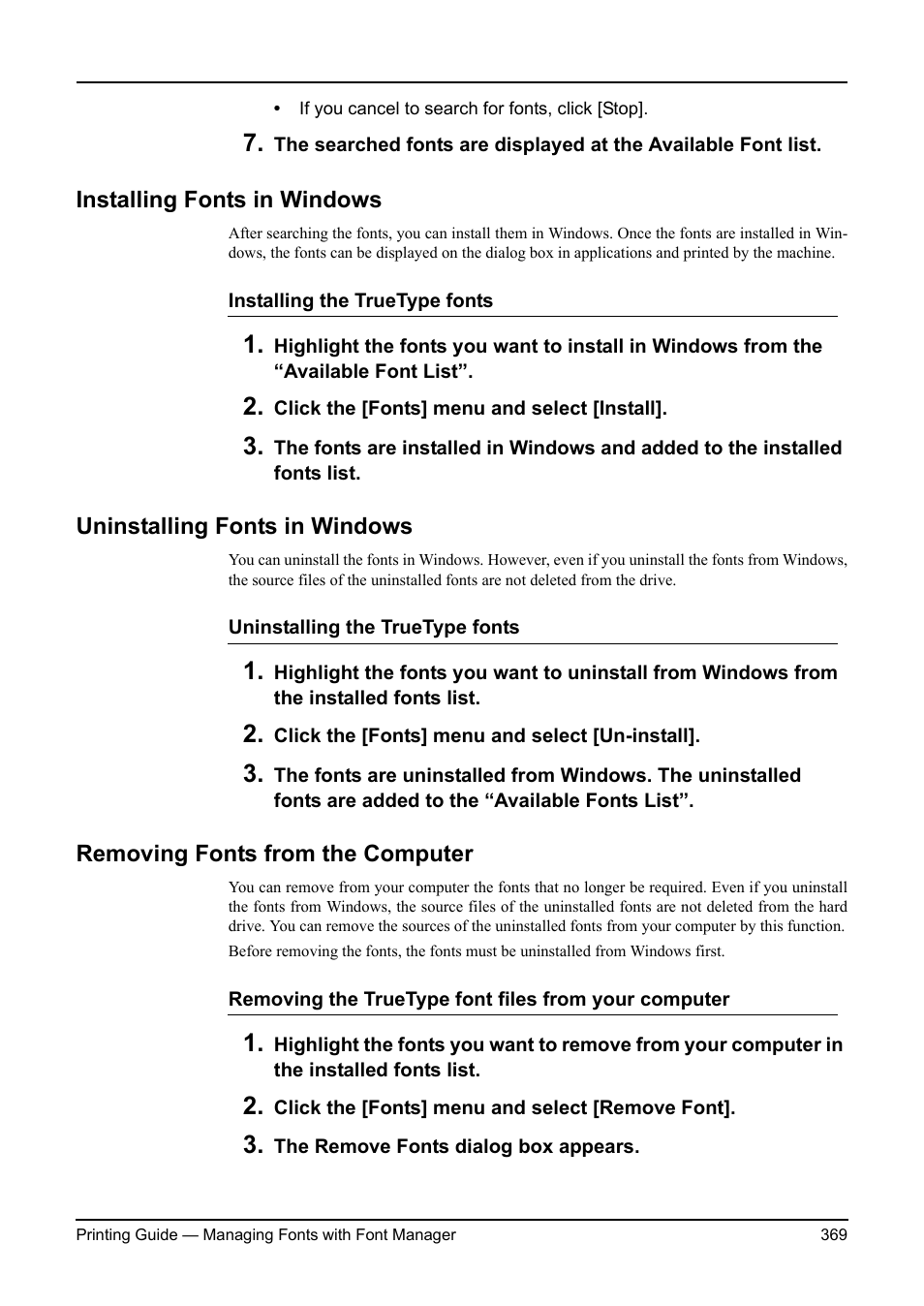 Installing fonts in windows, Uninstalling fonts in windows, Removing fonts from the computer | Toshiba ESTUDIO 3511 User Manual | Page 369 / 382