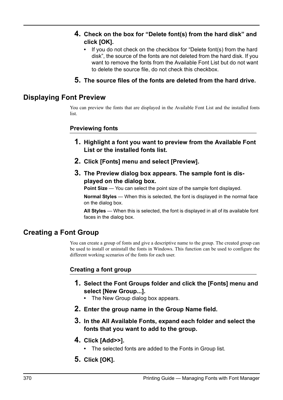 Displaying font preview, Creating a font group, Displaying font preview creating a font group | Toshiba ESTUDIO 3511 User Manual | Page 370 / 382