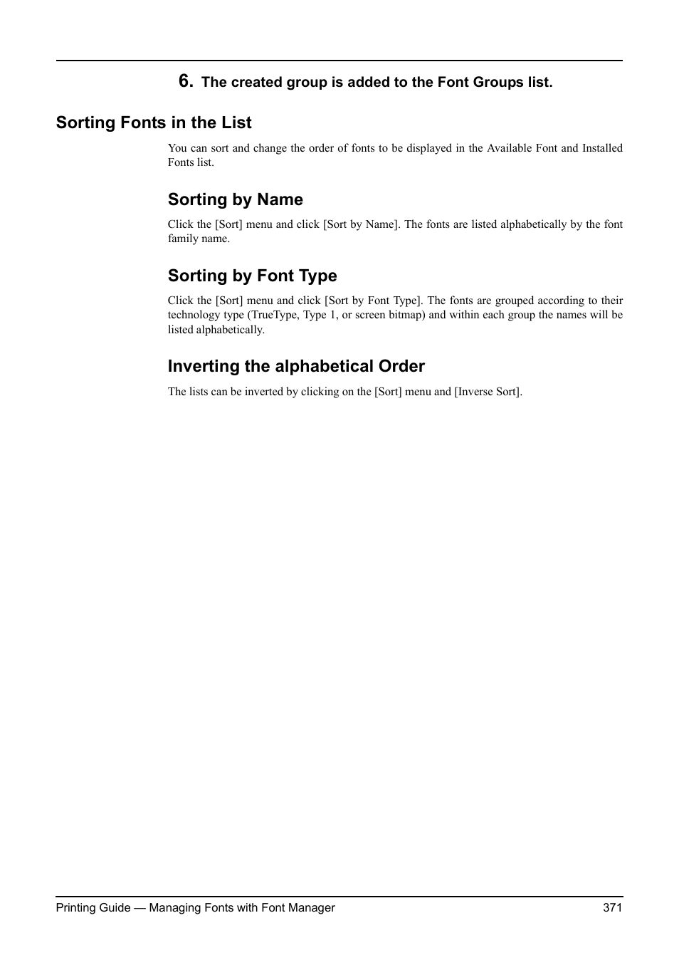 Sorting fonts in the list, Sorting by name, Sorting by font type | Inverting the alphabetical order | Toshiba ESTUDIO 3511 User Manual | Page 371 / 382