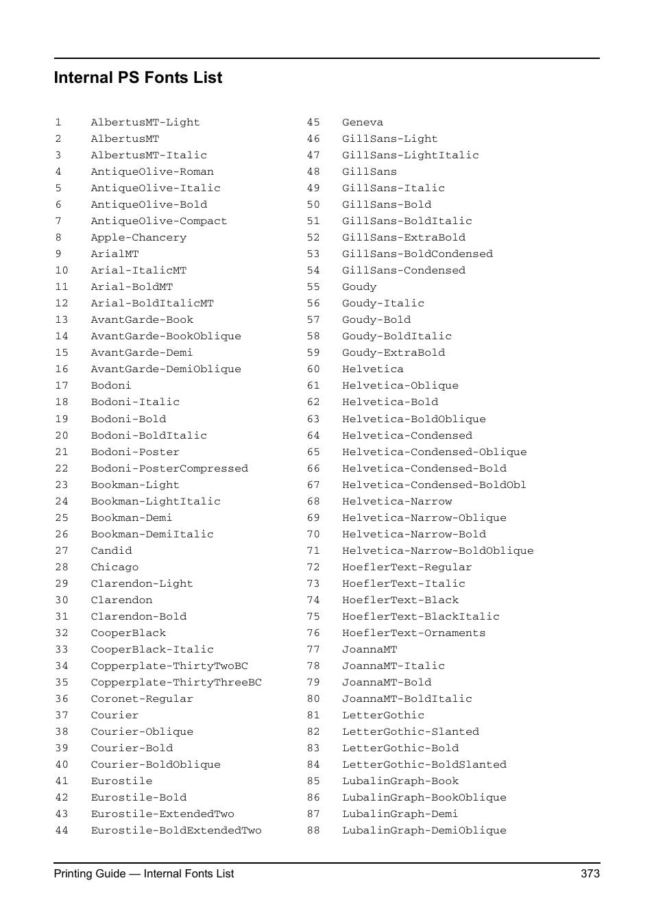 Internal ps fonts list | Toshiba ESTUDIO 3511 User Manual | Page 373 / 382
