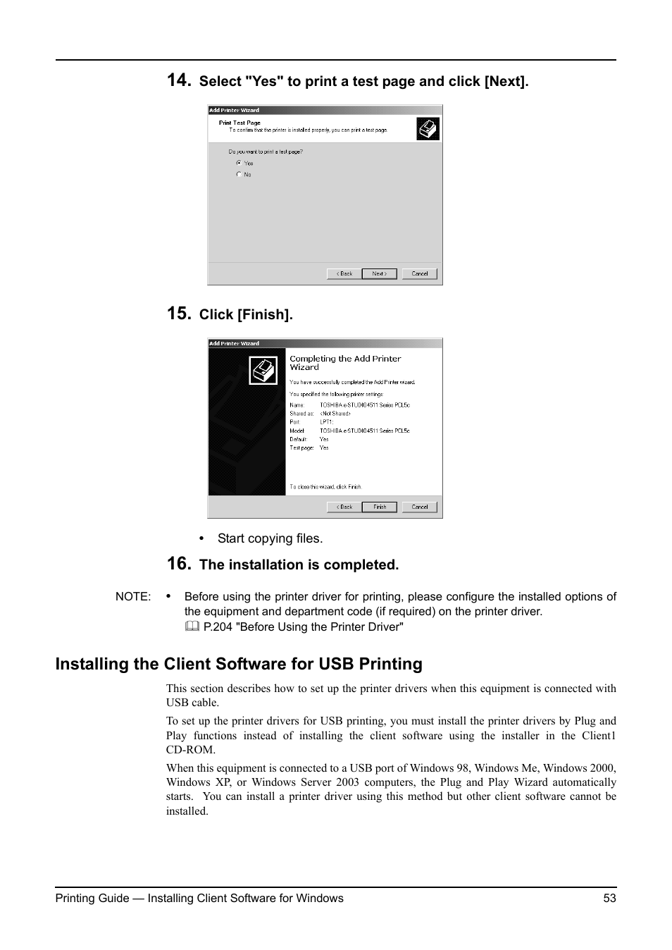 Installing the client software for usb printing | Toshiba ESTUDIO 3511 User Manual | Page 53 / 382