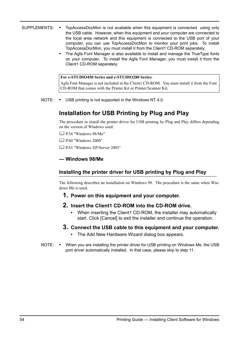 Installation for usb printing by plug and play, Windows 98/me | Toshiba ESTUDIO 3511 User Manual | Page 54 / 382