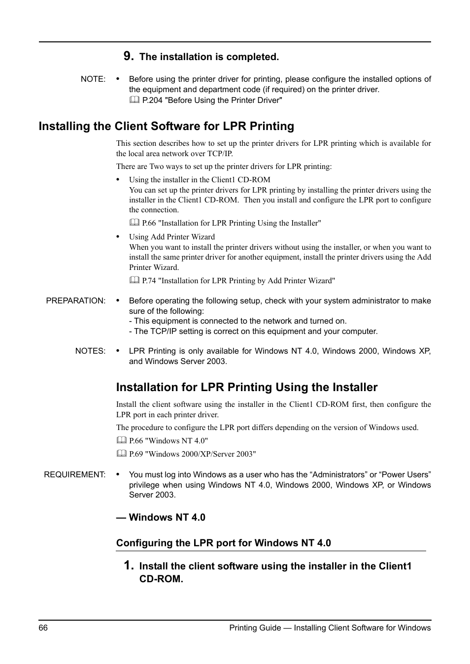 Installing the client software for lpr printing, Installation for lpr printing using the installer, Windows nt 4.0 | Toshiba ESTUDIO 3511 User Manual | Page 66 / 382