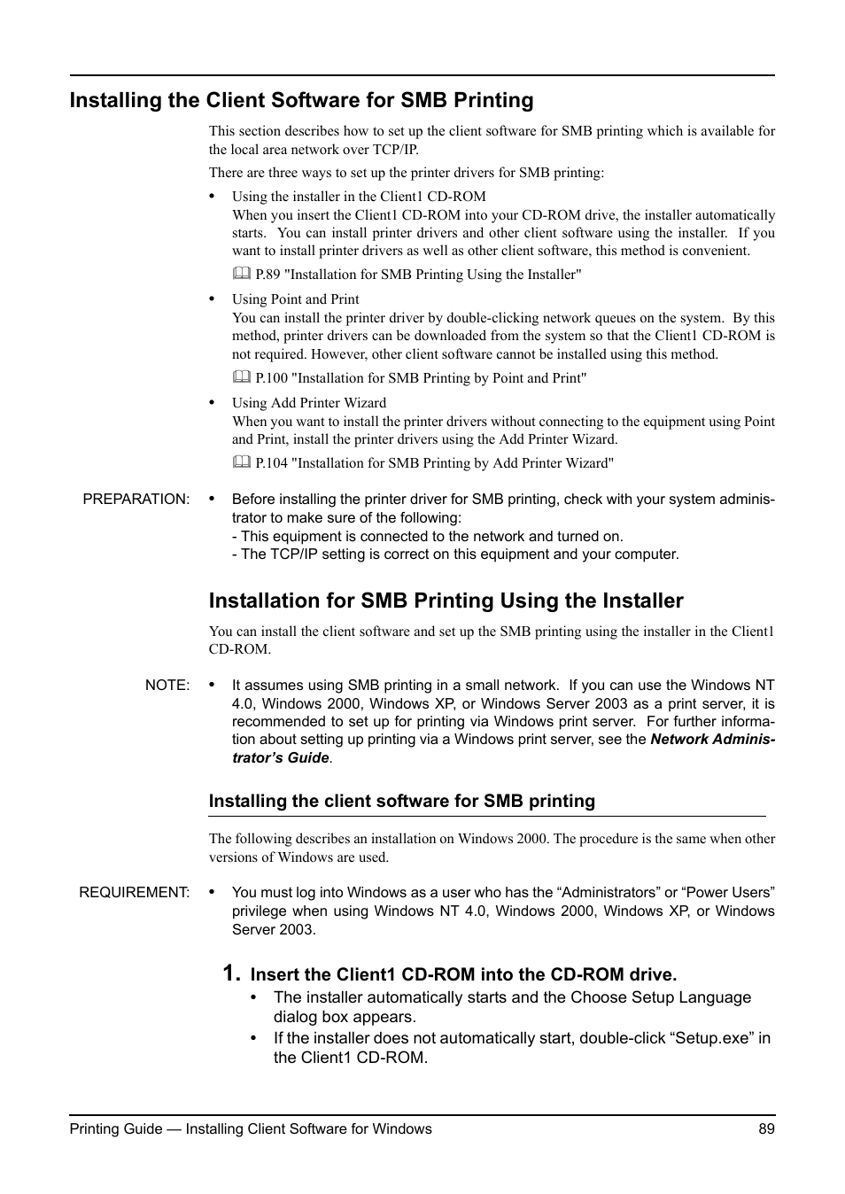 Installing the client software for smb printing, Installation for smb printing using the installer | Toshiba ESTUDIO 3511 User Manual | Page 89 / 382