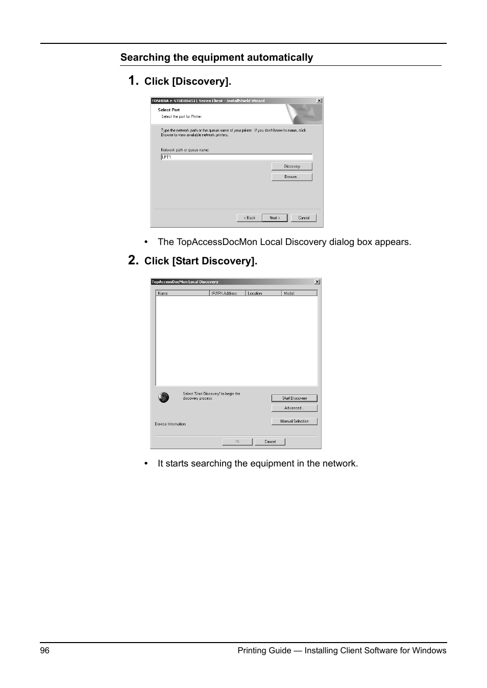 P.96 "searching the equipment automatically | Toshiba ESTUDIO 3511 User Manual | Page 96 / 382