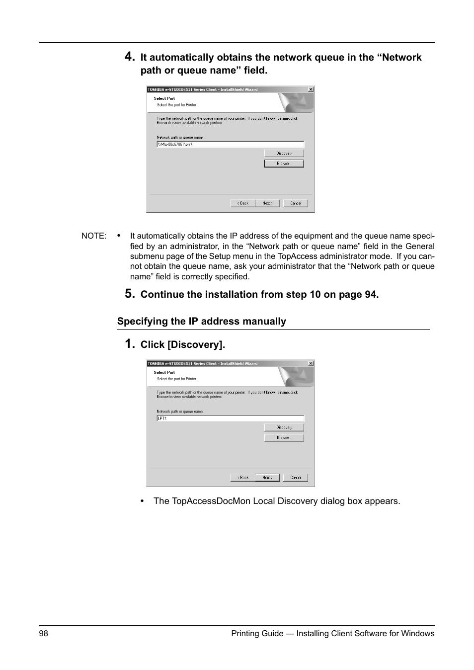 P.98 "specifying the ip address manually | Toshiba ESTUDIO 3511 User Manual | Page 98 / 382