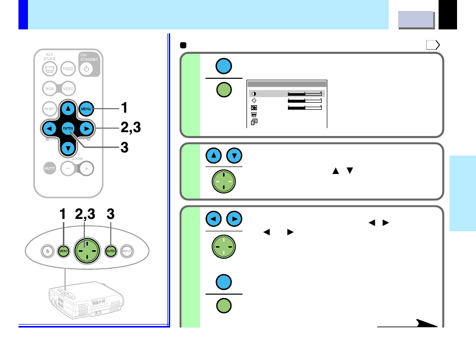 Quick menu setting, Utton | Toshiba TLP-B2U User Manual | Page 34 / 67