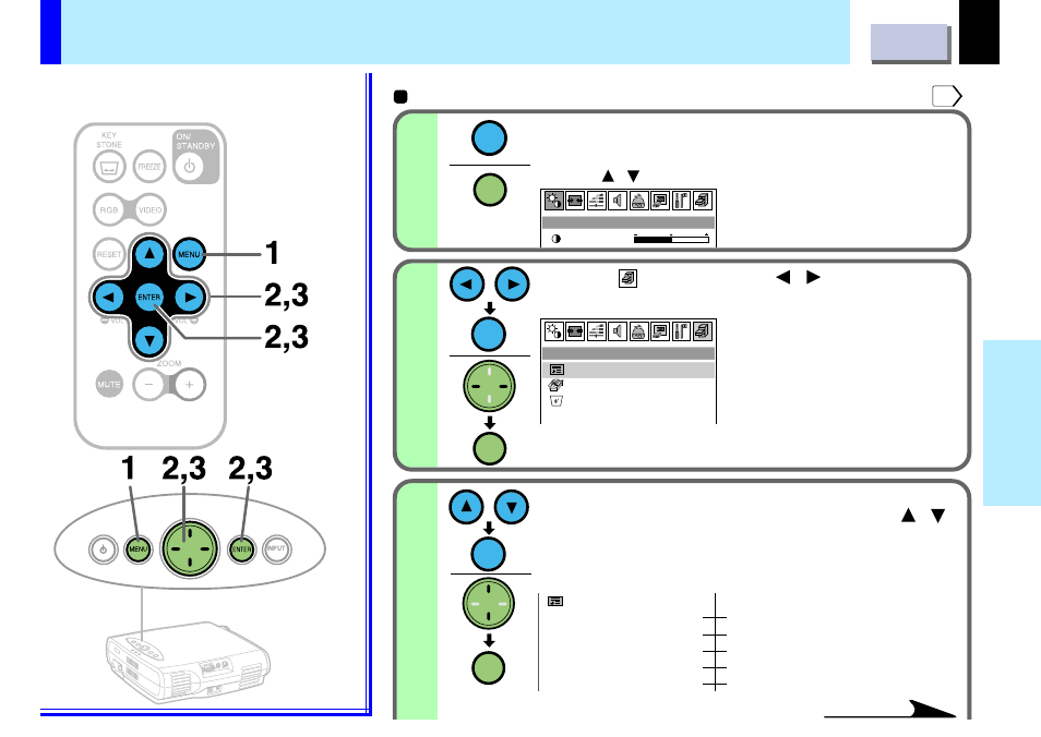 Reset, status display, Reset, status display (data setting), 52 adjustments | Display the full menu screen, Select “ ” by pressing / and then press enter | Toshiba TLP-B2U User Manual | Page 52 / 67