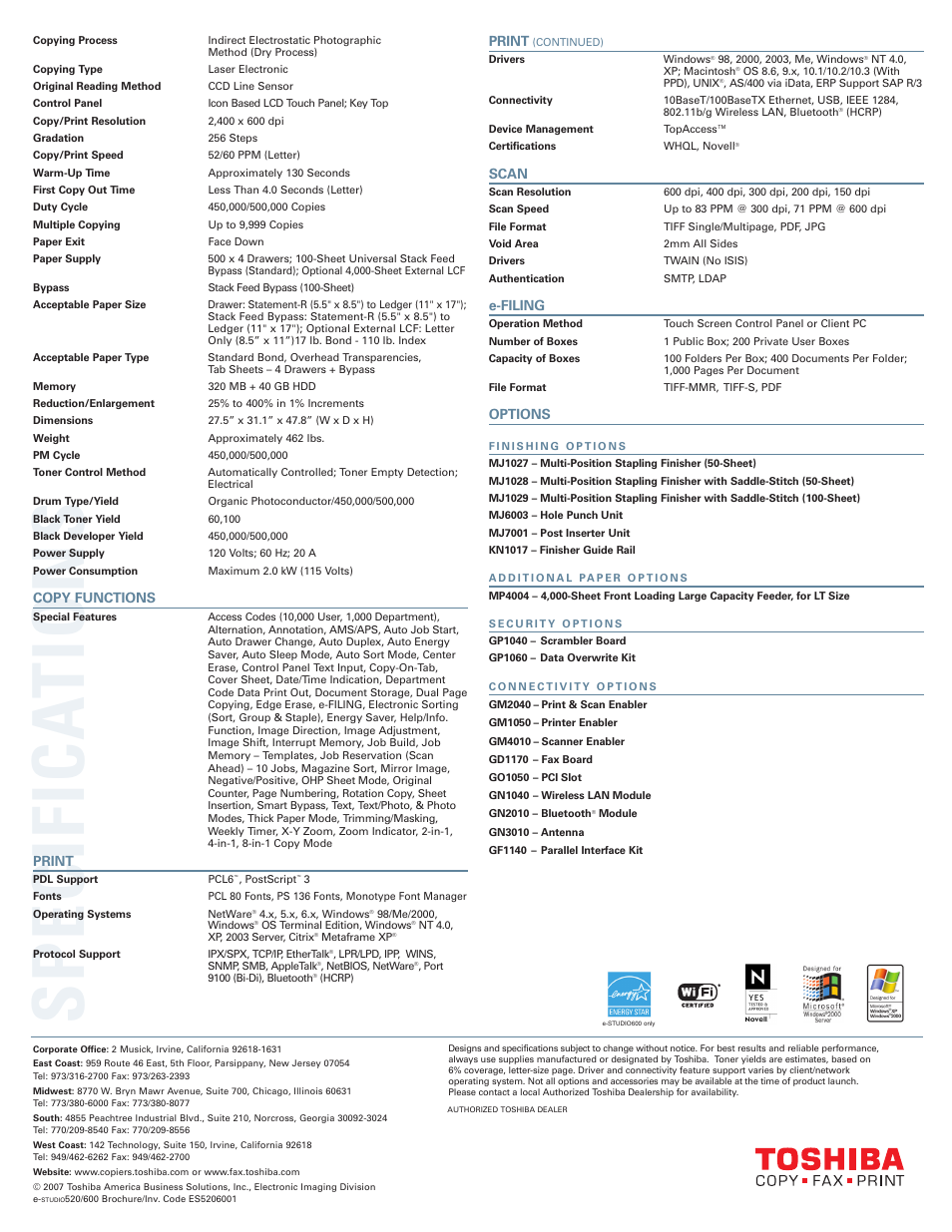 Specifica tions | Toshiba 520 User Manual | Page 7 / 7