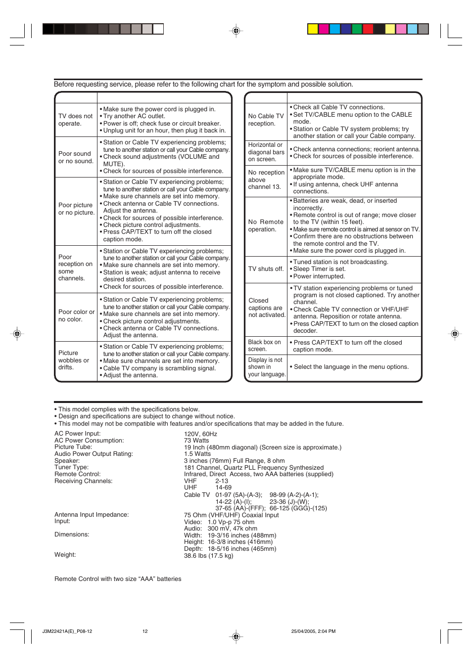 Troubleshooting guide, Specifications, Accessory | Toshiba 19A25C User Manual | Page 12 / 14