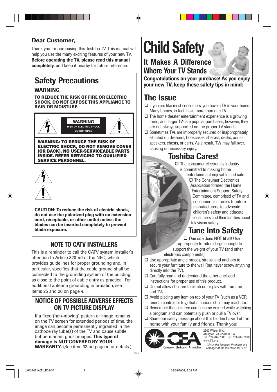 Child safety, Safety precautions, The issue | Toshiba cares, Tune into safety, It makes a difference where your tv stands | Toshiba 19A25C User Manual | Page 2 / 14