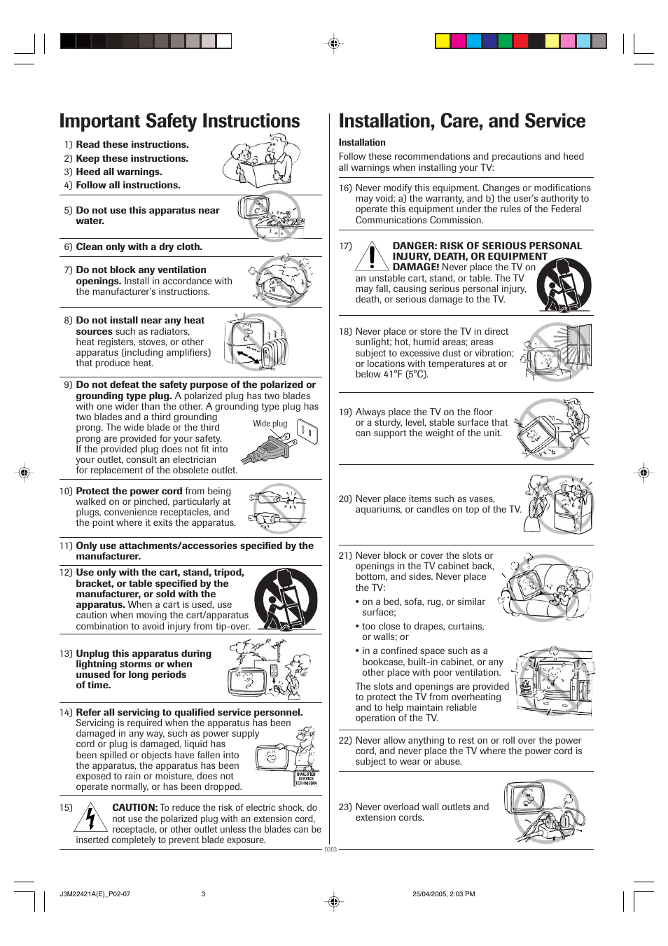 Important safety instructions, Installation, care, and service | Toshiba 19A25C User Manual | Page 3 / 14