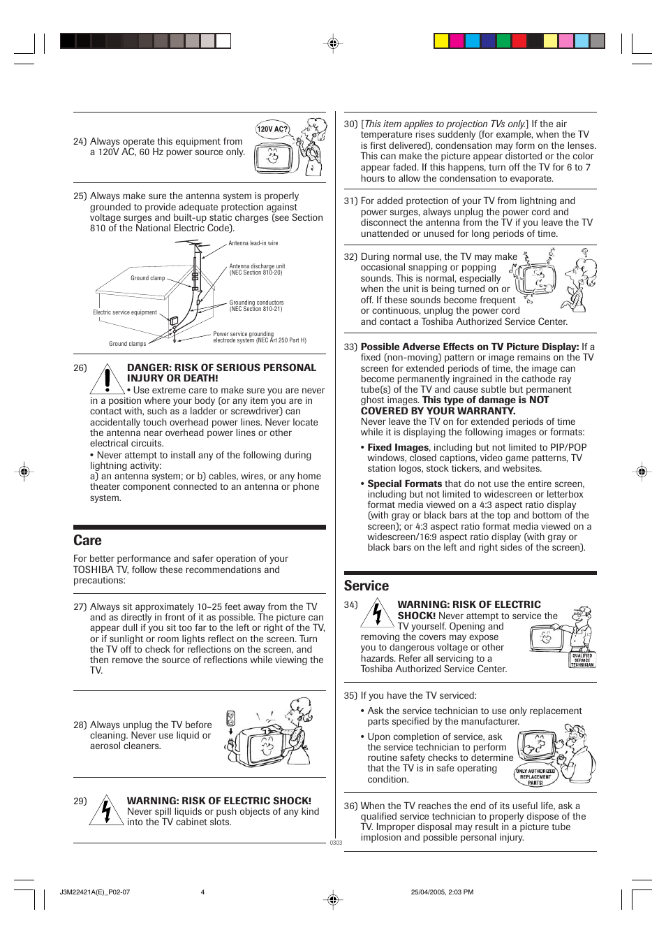 Care, Service | Toshiba 19A25C User Manual | Page 4 / 14