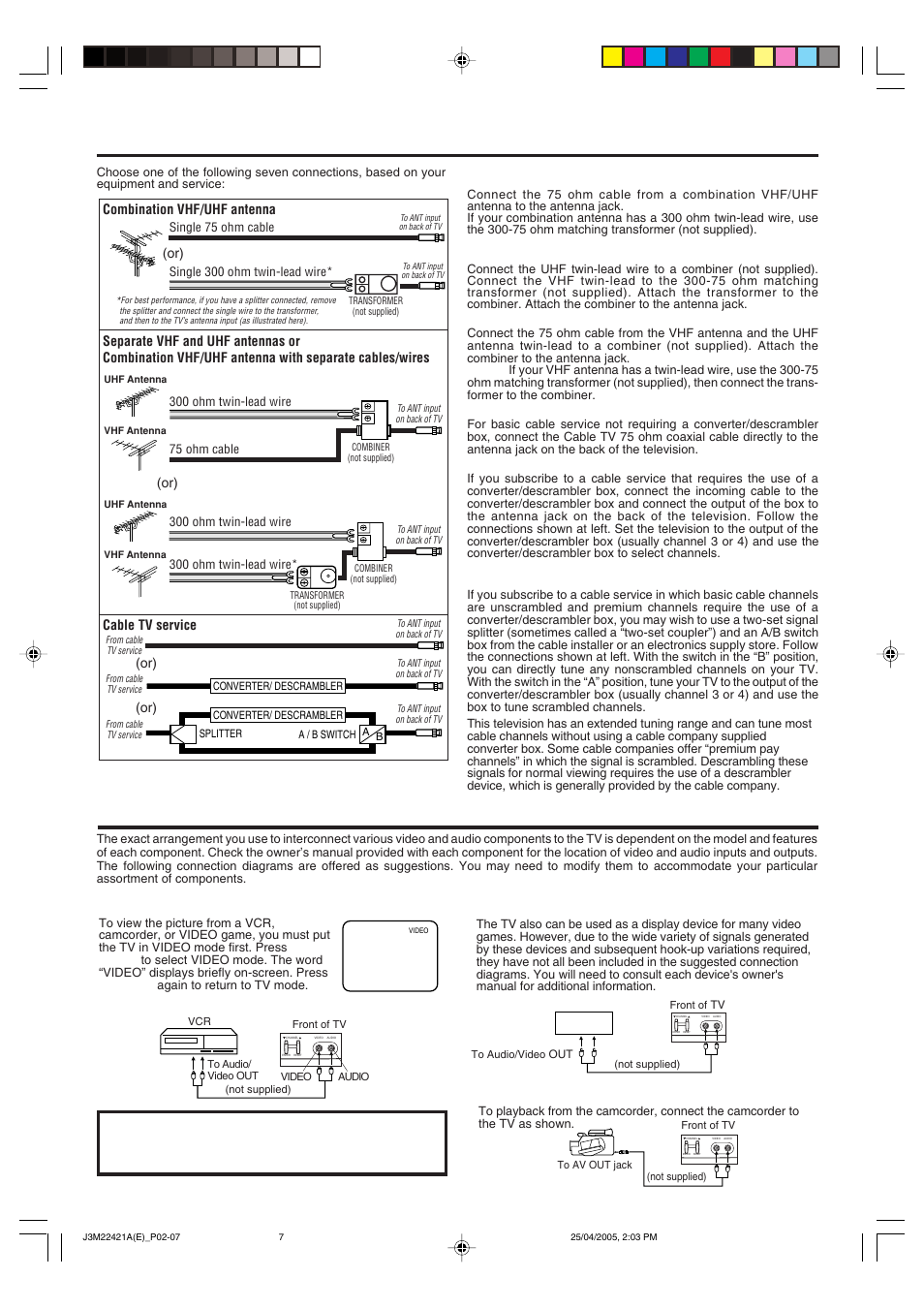 Antenna/cable tv connections, Connection to other equipment, Tv/video selection | Combination vhf/uhf antenna, Cable tv service (or) (or) | Toshiba 19A25C User Manual | Page 7 / 14