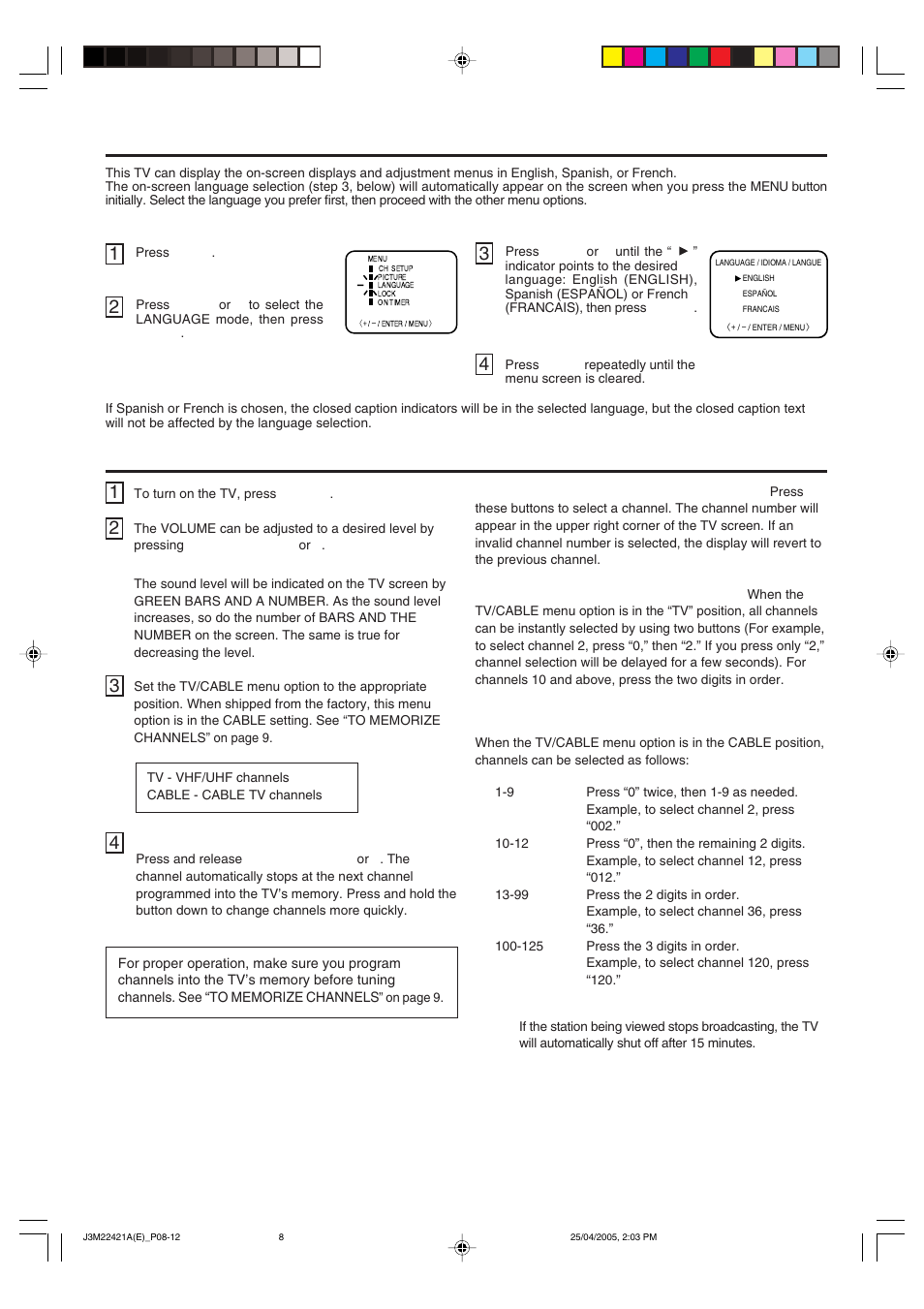 Setting the language, Tv operation | Toshiba 19A25C User Manual | Page 8 / 14