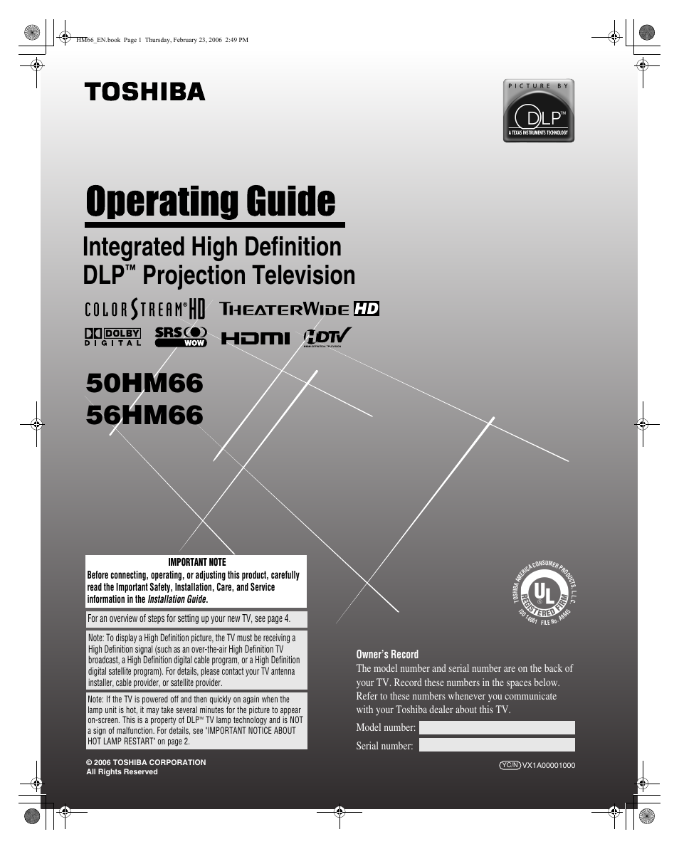 Toshiba 50HM66 User Manual | 56 pages