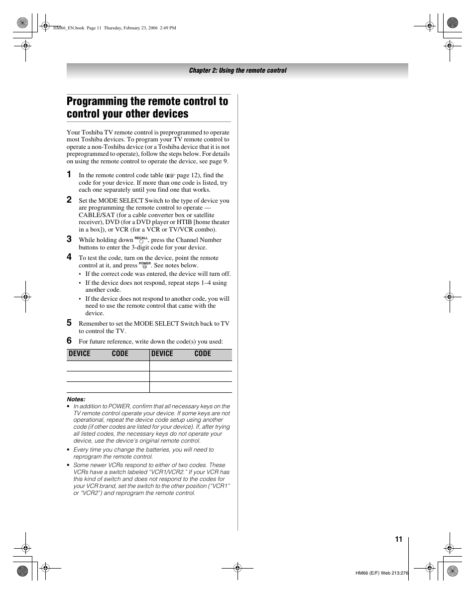 Toshiba 50HM66 User Manual | Page 11 / 56