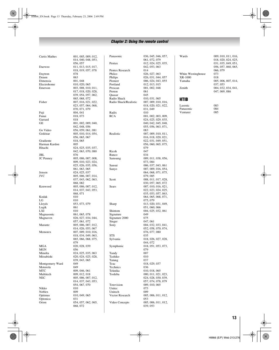 Htib | Toshiba 50HM66 User Manual | Page 13 / 56