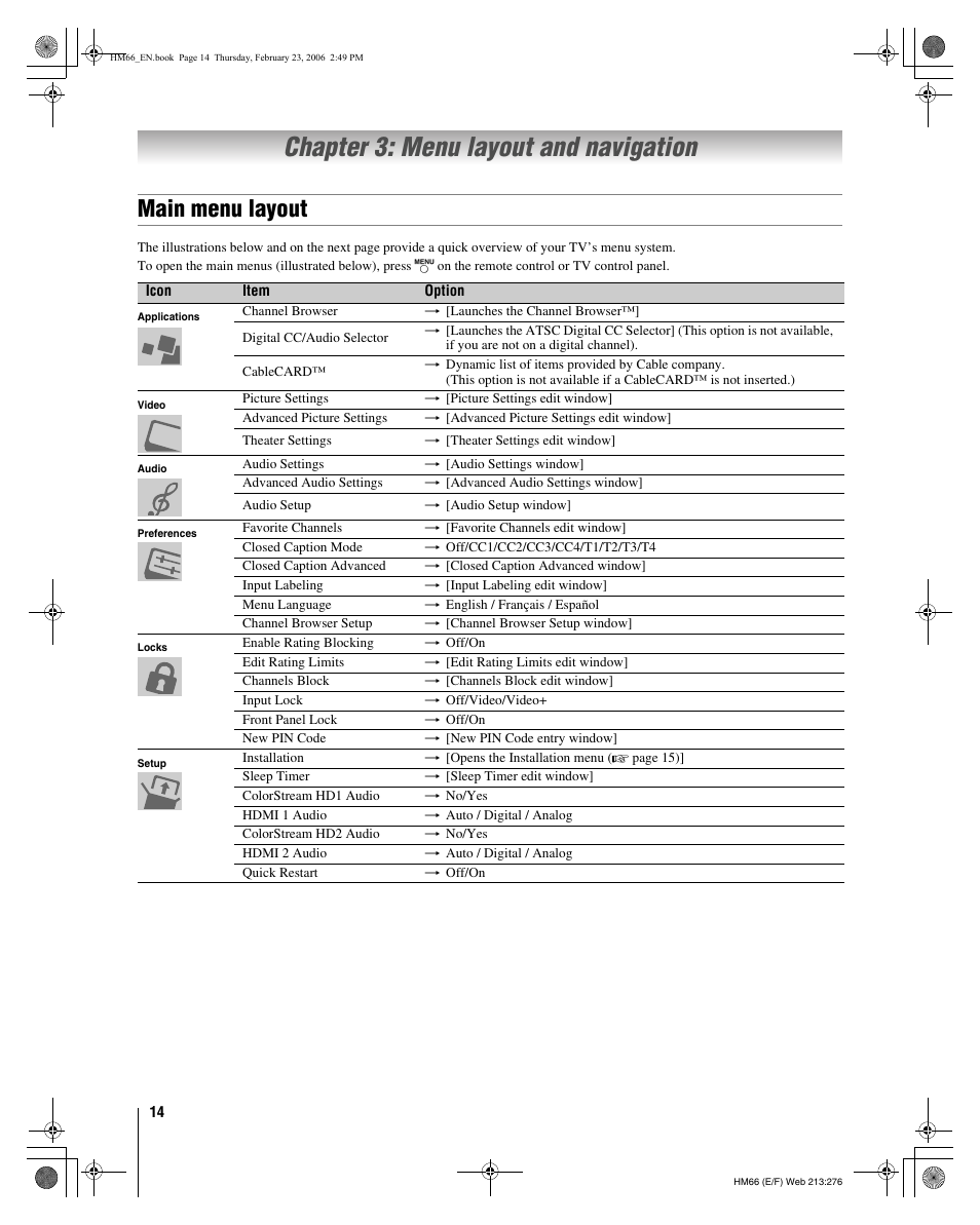 Chapter 3: menu layout and navigation, Main menu layout | Toshiba 50HM66 User Manual | Page 14 / 56