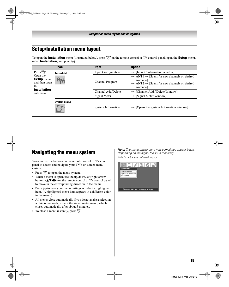 Setup/installation menu layout, Navigating the menu system | Toshiba 50HM66 User Manual | Page 15 / 56