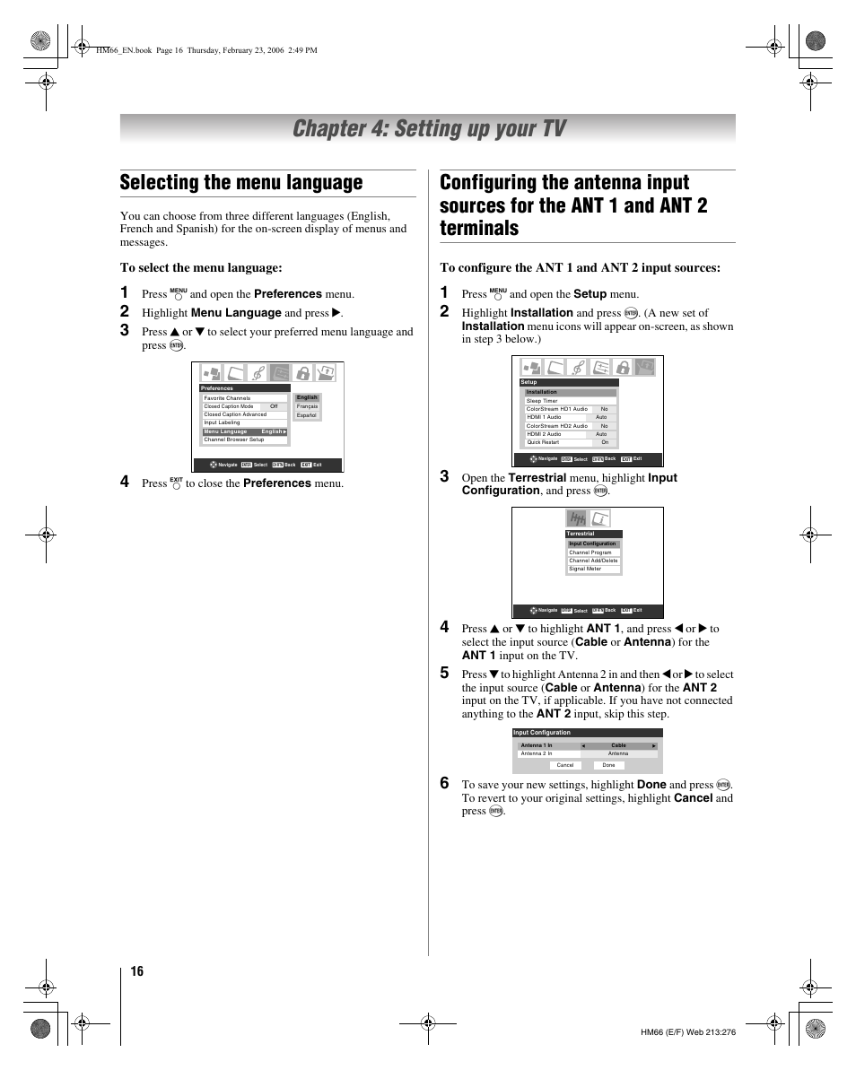 Chapter 4: setting up your tv, Selecting the menu language, Press y and open the preferences menu | Highlight menu language and press c, Press o to close the preferences menu, Press y and open the setup menu | Toshiba 50HM66 User Manual | Page 16 / 56