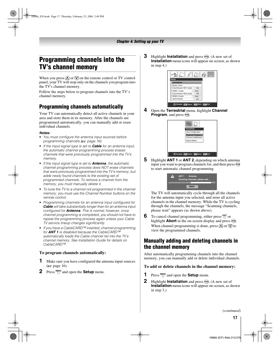 Programming channels automatically | Toshiba 50HM66 User Manual | Page 17 / 56