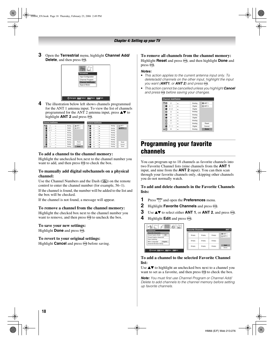 Programming your favorite channels, Chapter 4: setting up your tv, Highlight done and press t | Highlight cancel and press t before saving, Press y and open the preferences menu, Highlight favorite channels and press t, Highlight edit and press t | Toshiba 50HM66 User Manual | Page 18 / 56