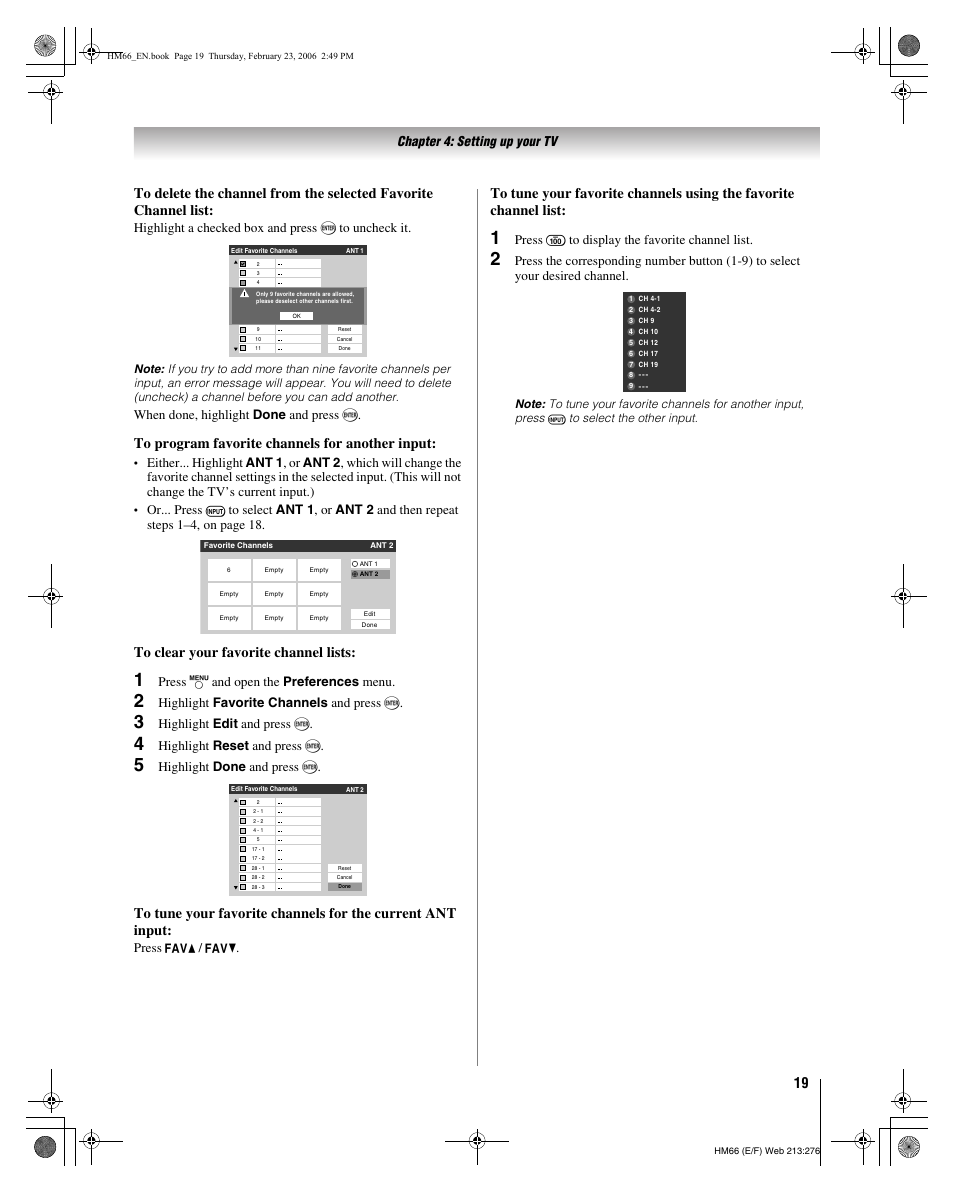 Chapter 4: setting up your tv, Highlight a checked box and press t to uncheck it, When done, highlight done and press t | Press y and open the preferences menu, Highlight favorite channels and press t, Highlight edit and press t, Highlight reset and press t, Highlight done and press t, Press m / m, Press = to display the favorite channel list | Toshiba 50HM66 User Manual | Page 19 / 56