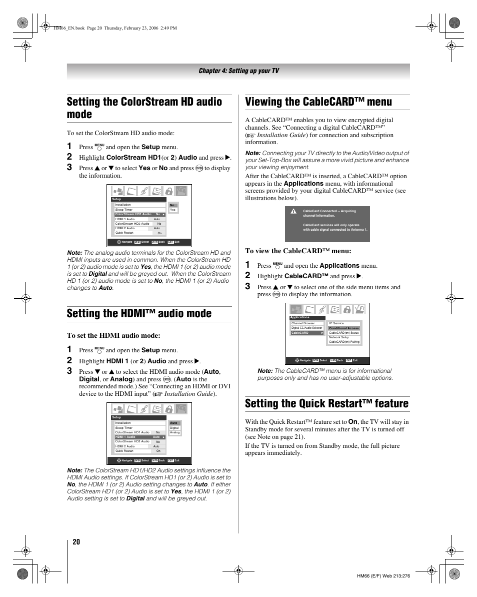 Setting the colorstream hd audio mode, Setting the hdmi™ audio mode, Viewing the cablecard™ menu | Setting the quick restart™ feature, Chapter 4: setting up your tv, Press y and open the setup menu, Highlight hdmi 1 (or 2 ) audio and press c, Press y and open the applications menu, Highlight cablecard™ and press c | Toshiba 50HM66 User Manual | Page 20 / 56