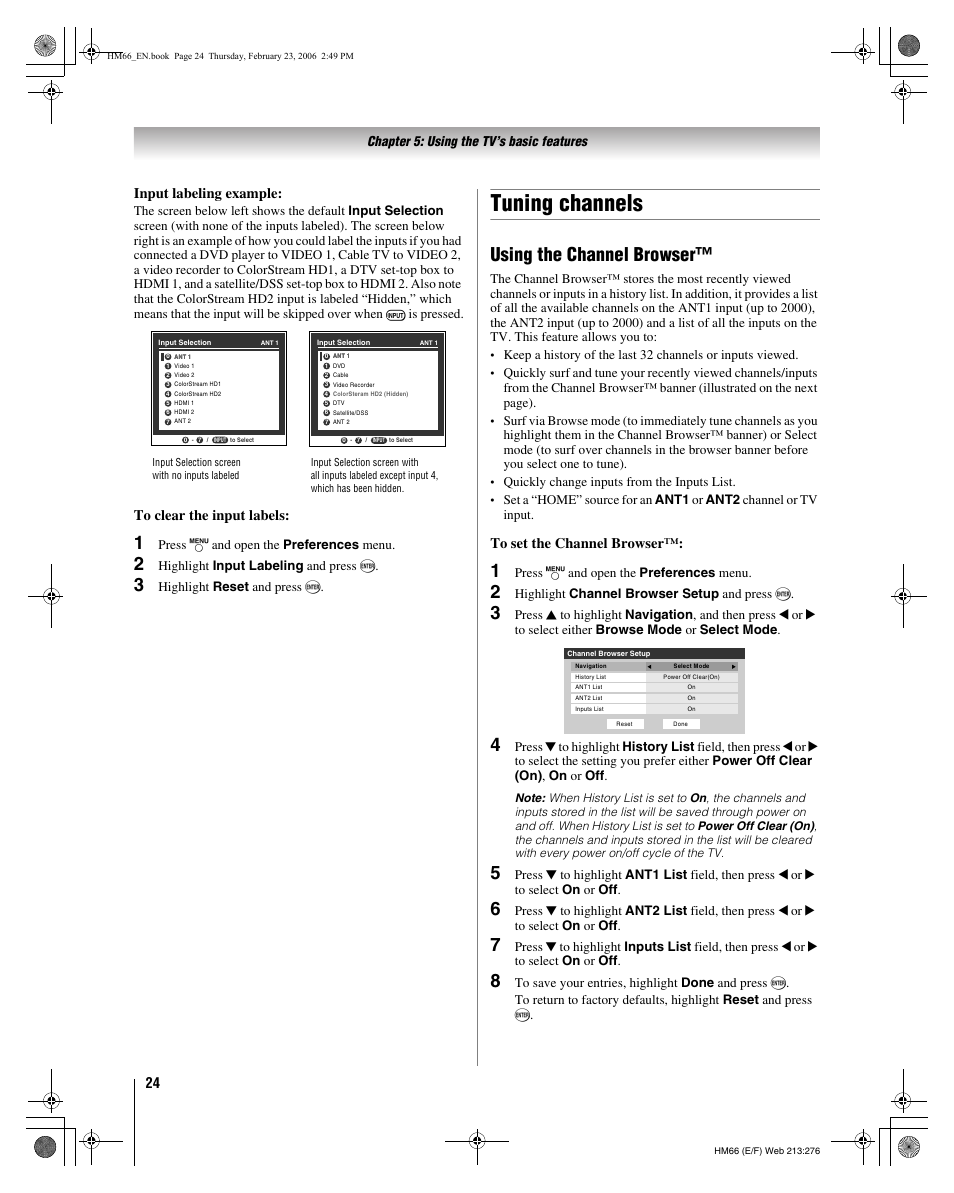 Tuning channels, Using the channel browser, Input labeling example | Chapter 5: using the tv’s basic features, Press y and open the preferences menu, Highlight input labeling and press t, Highlight reset and press t, Quickly change inputs from the inputs list, Highlight channel browser setup and press t | Toshiba 50HM66 User Manual | Page 24 / 56