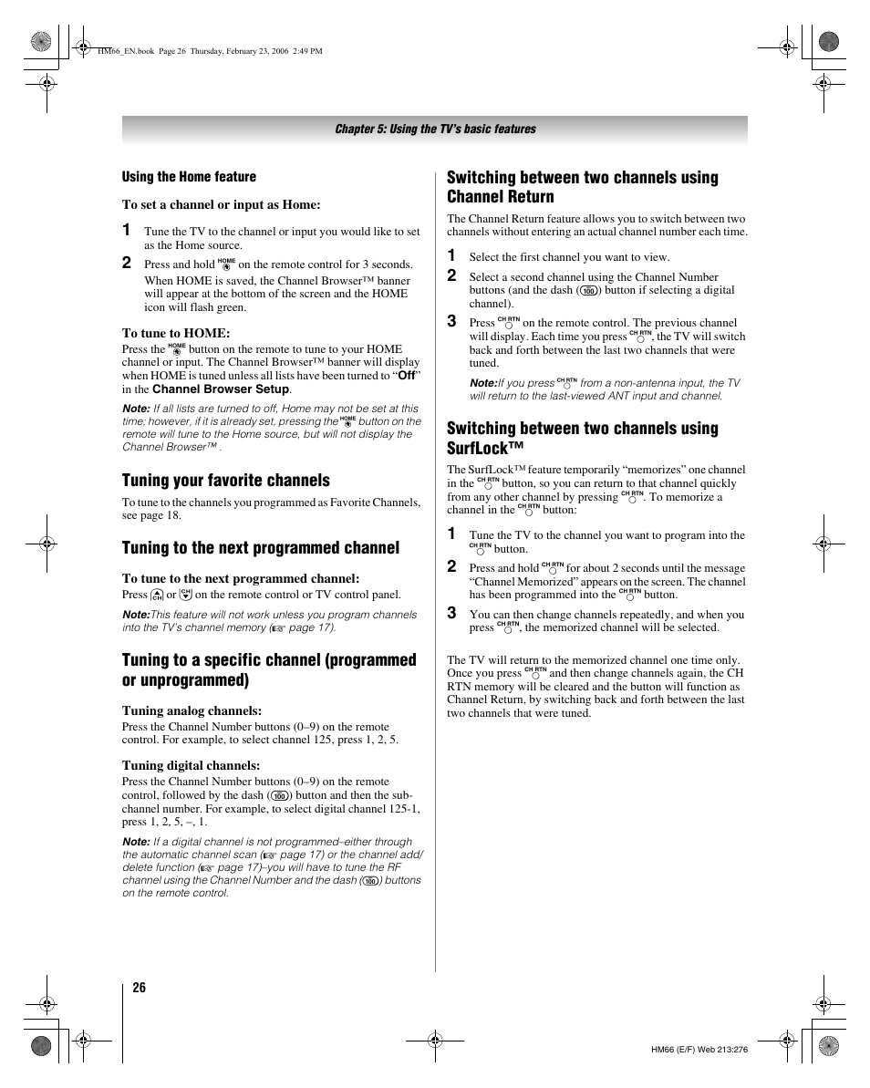 Tuning your favorite channels, Tuning to the next programmed channel, Switching between two channels using surflock | Toshiba 50HM66 User Manual | Page 26 / 56