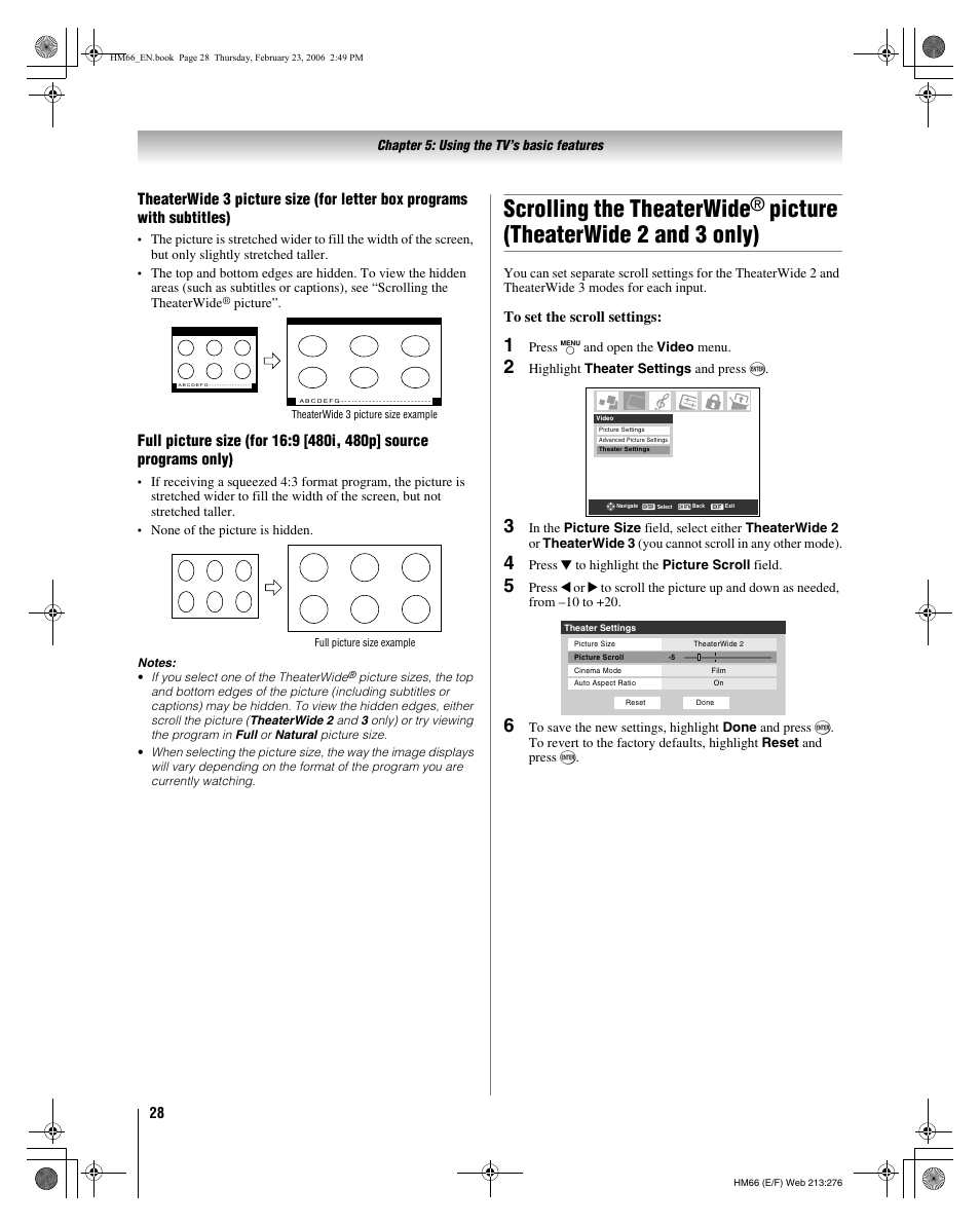 Scrolling the theaterwide, Picture (theaterwide 2 and 3 only) | Toshiba 50HM66 User Manual | Page 28 / 56