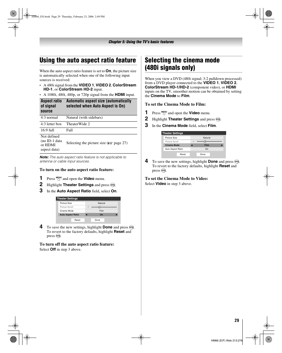 Using the auto aspect ratio feature, Selecting the cinema mode (480i signals only) | Toshiba 50HM66 User Manual | Page 29 / 56