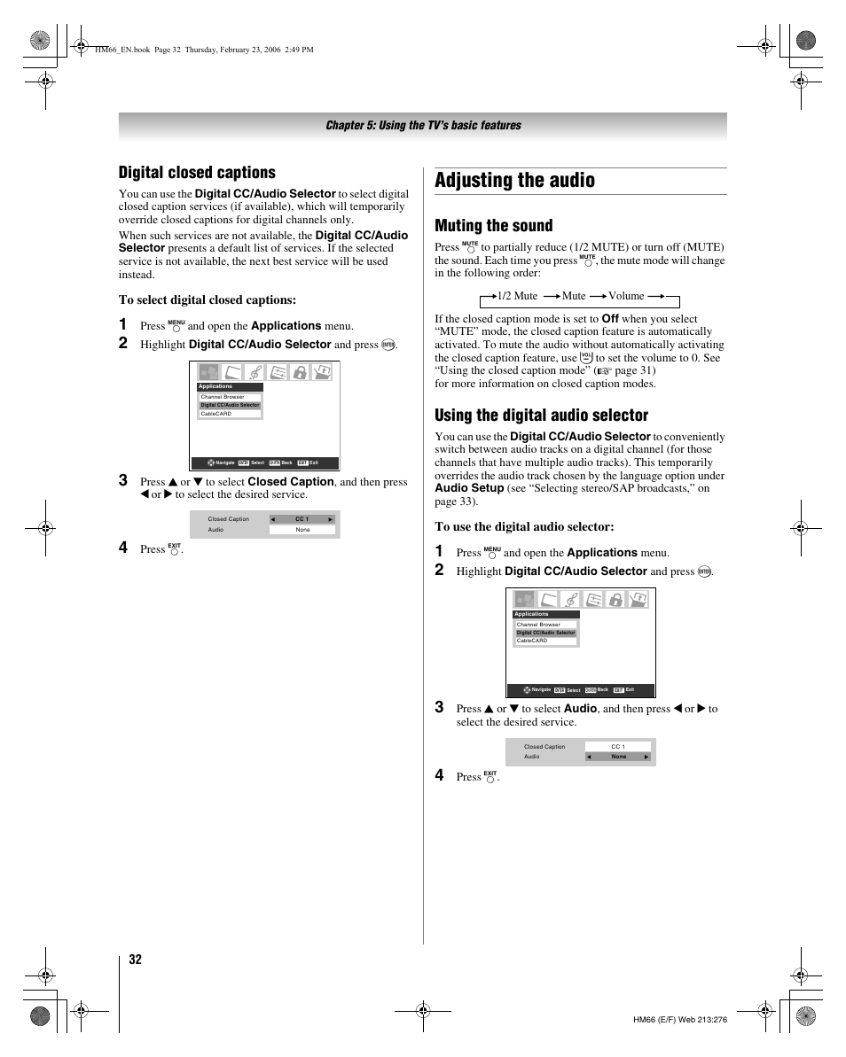 Adjusting the audio, Digital closed captions, Muting the sound | Using the digital audio selector | Toshiba 50HM66 User Manual | Page 32 / 56