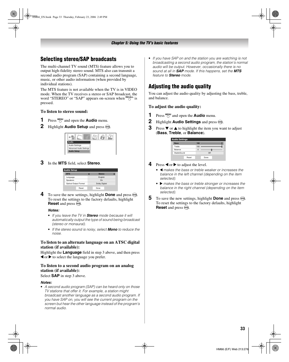 Selecting stereo/sap broadcasts, Adjusting the audio quality | Toshiba 50HM66 User Manual | Page 33 / 56