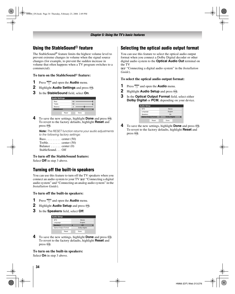 Using the stablesound, Feature, Turning off the built-in speakers | Selecting the optical audio output format | Toshiba 50HM66 User Manual | Page 34 / 56