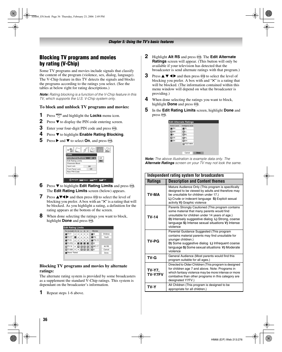 Blocking tv programs and movies by rating (v-chip) | Toshiba 50HM66 User Manual | Page 36 / 56